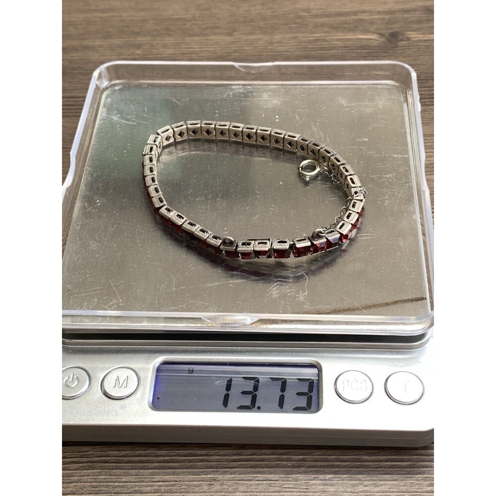Vintage Red Rhinestone Tennis Bracelet 925 Sterling Silver Square Cut 7" - Picture 15 of 15